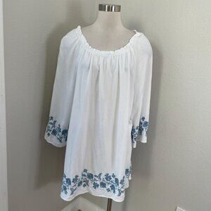 J Jill Womens XL White Tunic Top Blue Floral Embroidered Gauzy Shirt 3/4 Sleeves